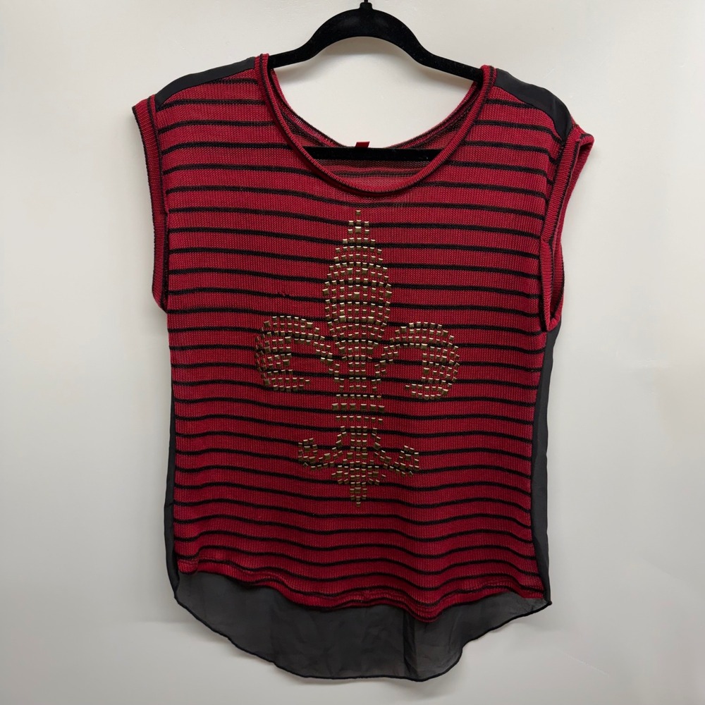 Vtg Y2K Bongo Red Black Stripe Fleur de Lis Studded Sheer Top M Festival‎ Grunge